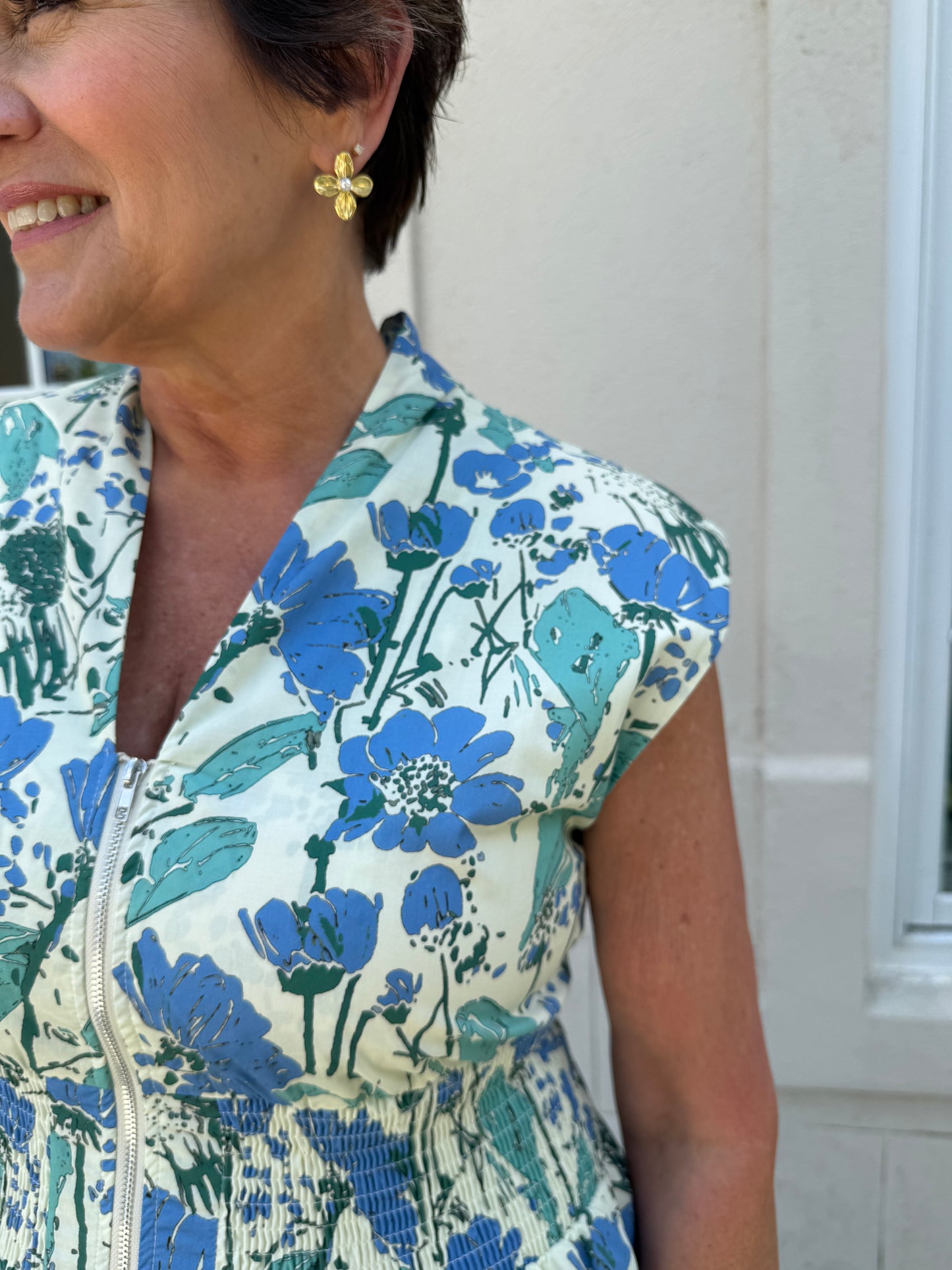 Blue Floral Smocked Zip Front Midi