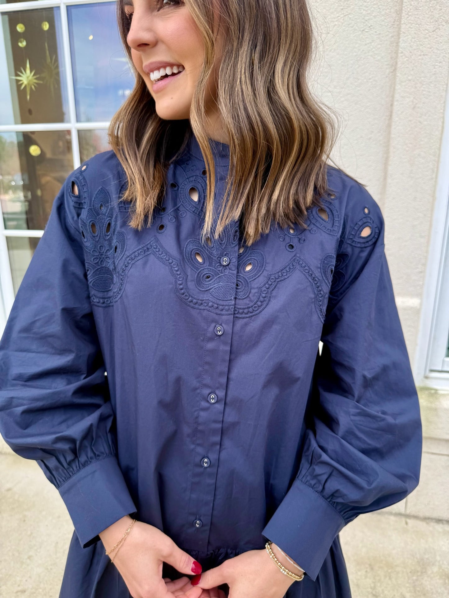 Navy Embroidered Mini Dress