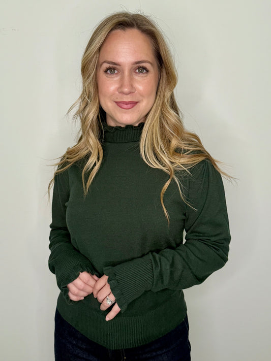Hunter Green Ruffle Mock Neck Sweater