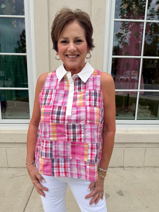 Pink Multi Plaid Patchwork Top