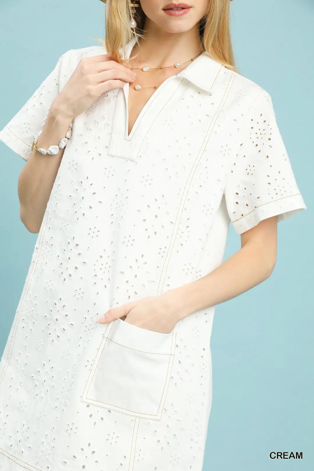 Off White Eyelet Shift Dress