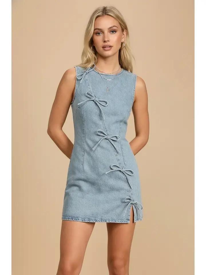 Lt Blue Denim Bow Mini Dress