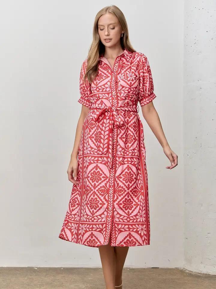 Pink and Red Floral Midi Shirt Dress