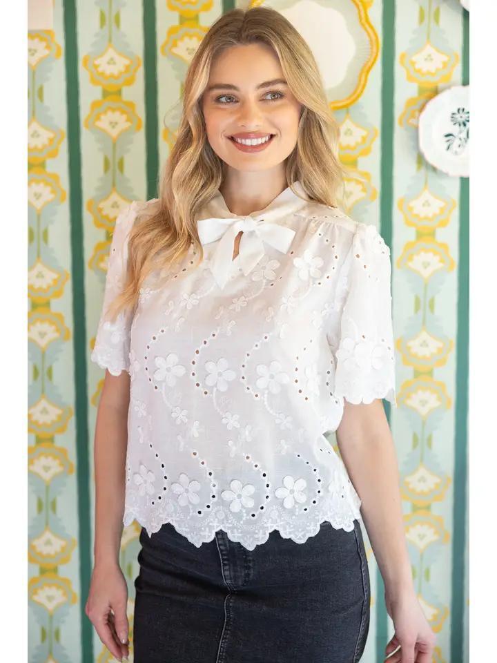 White Self Tie Eyelet Top