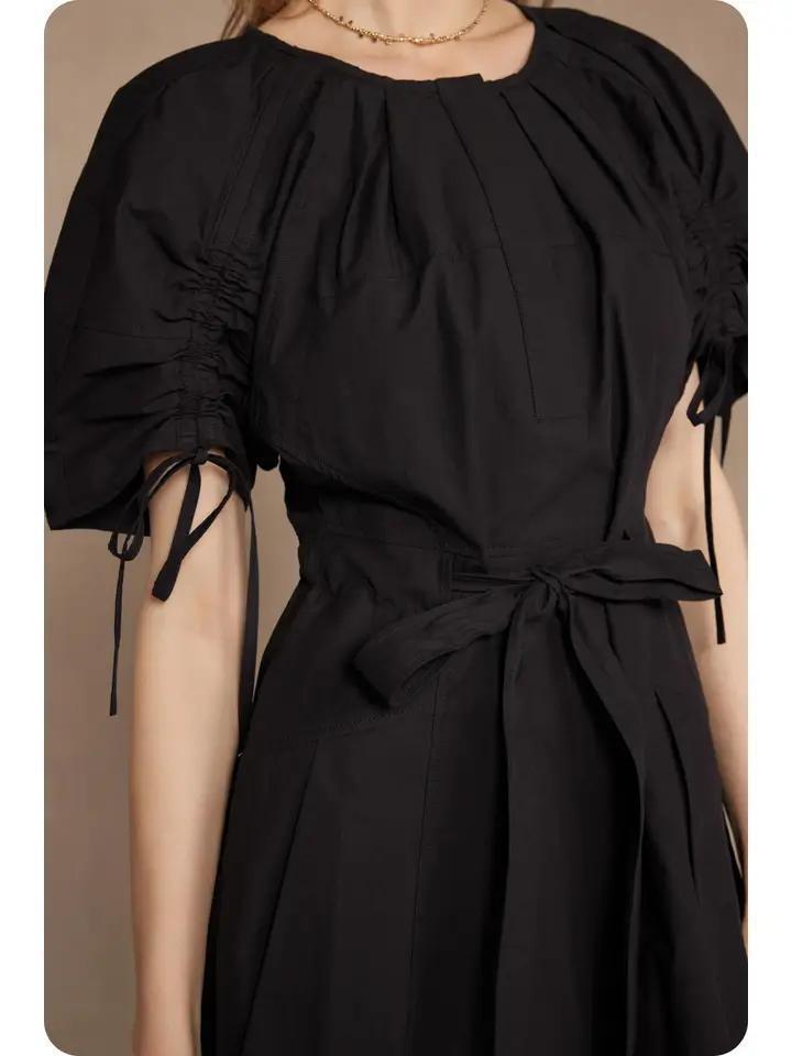 Black Ruched Babydoll Tie Waist Mini
