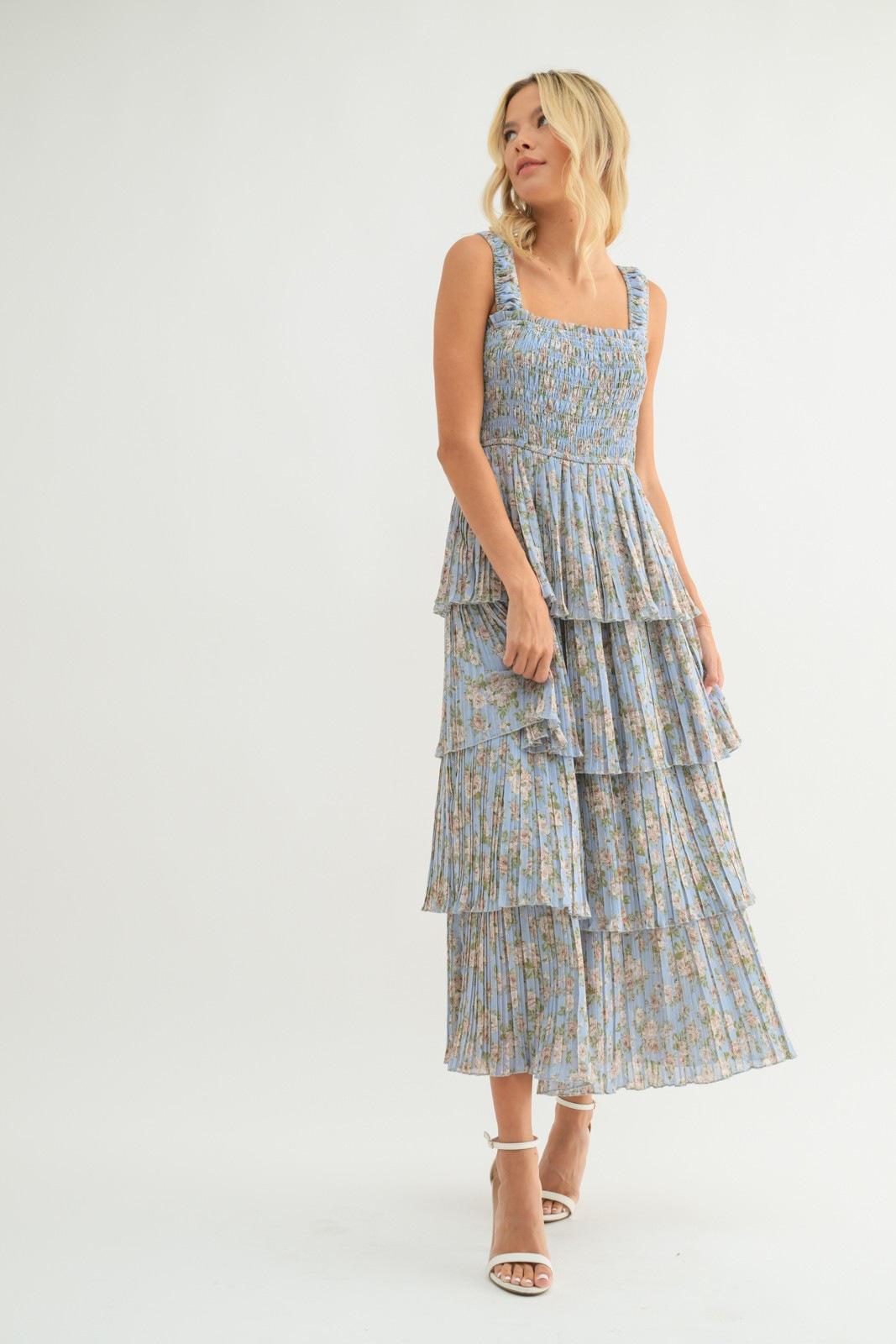 Blue and Cream Floral Tiered Dress