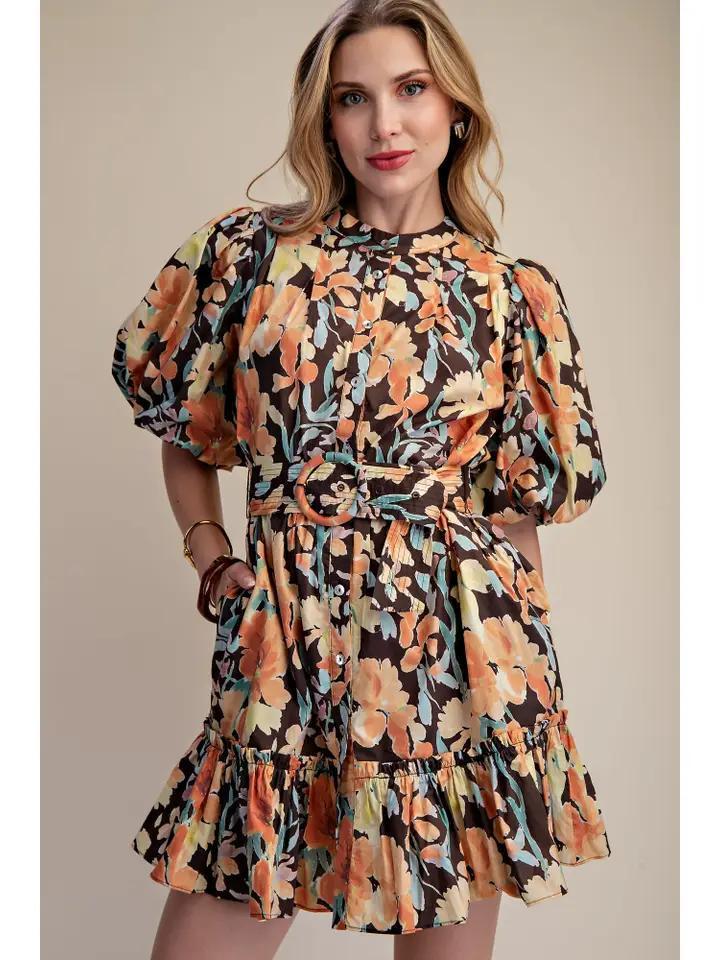 Brown Romantic Ruffle Mini Dress