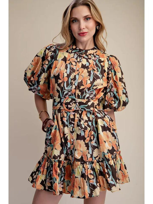 Brown Romantic Ruffle Mini Dress