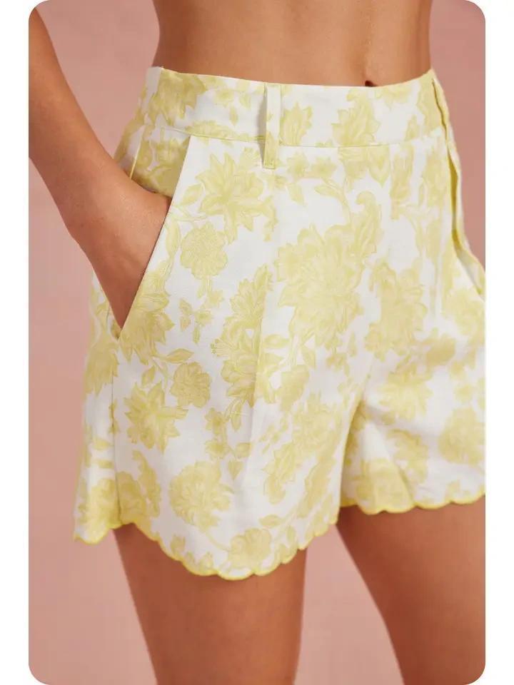 Butter and White Embroidered Scalloped Shorts