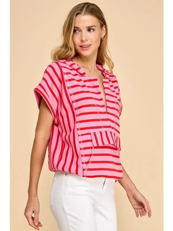Pink Striped Hooded Top