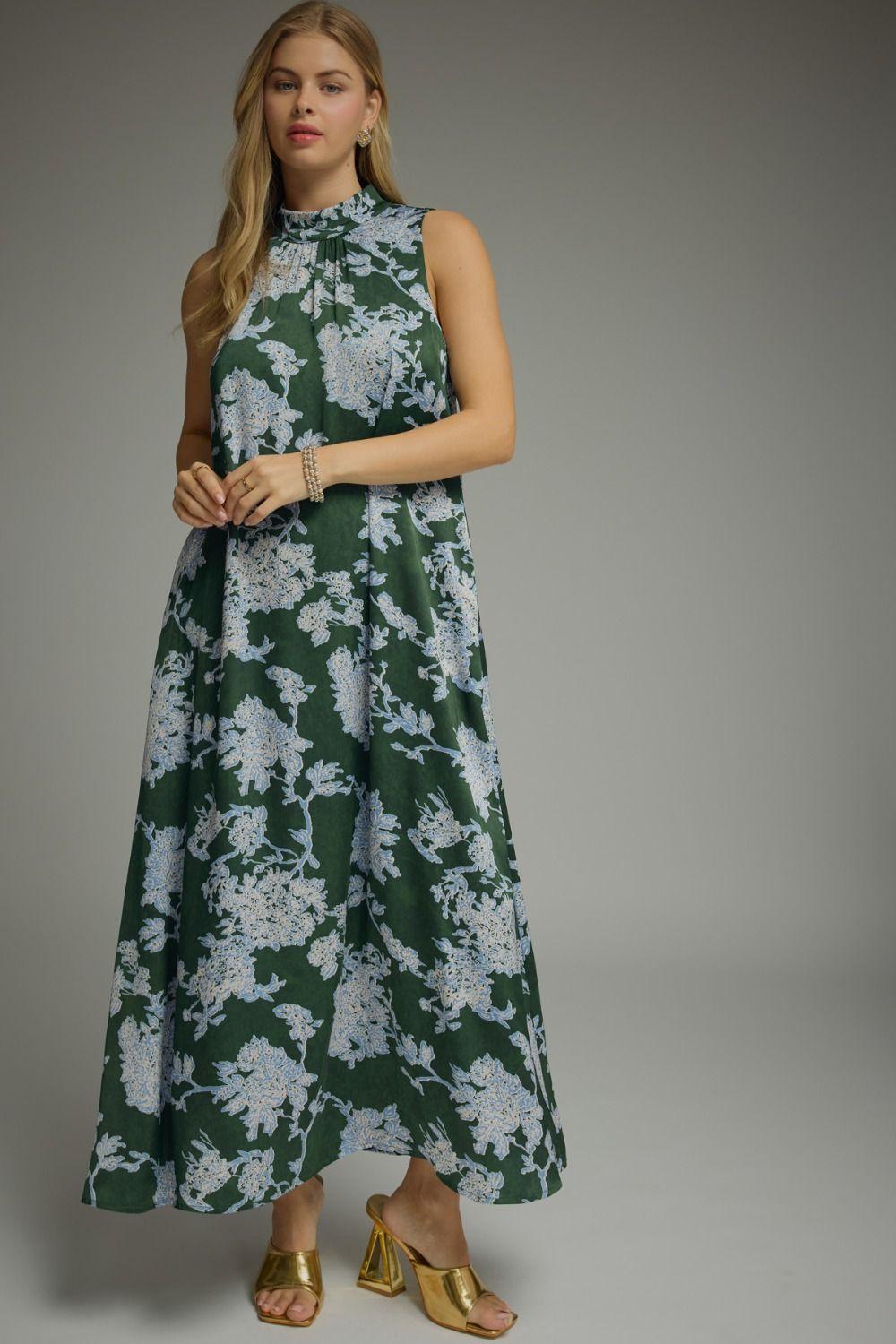 Hunter Green and Blue Floral Maxi Dress