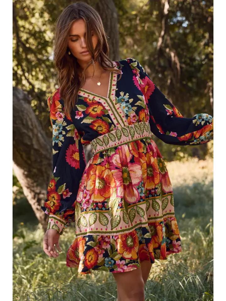 Navy Floral Bordered Mini Dress