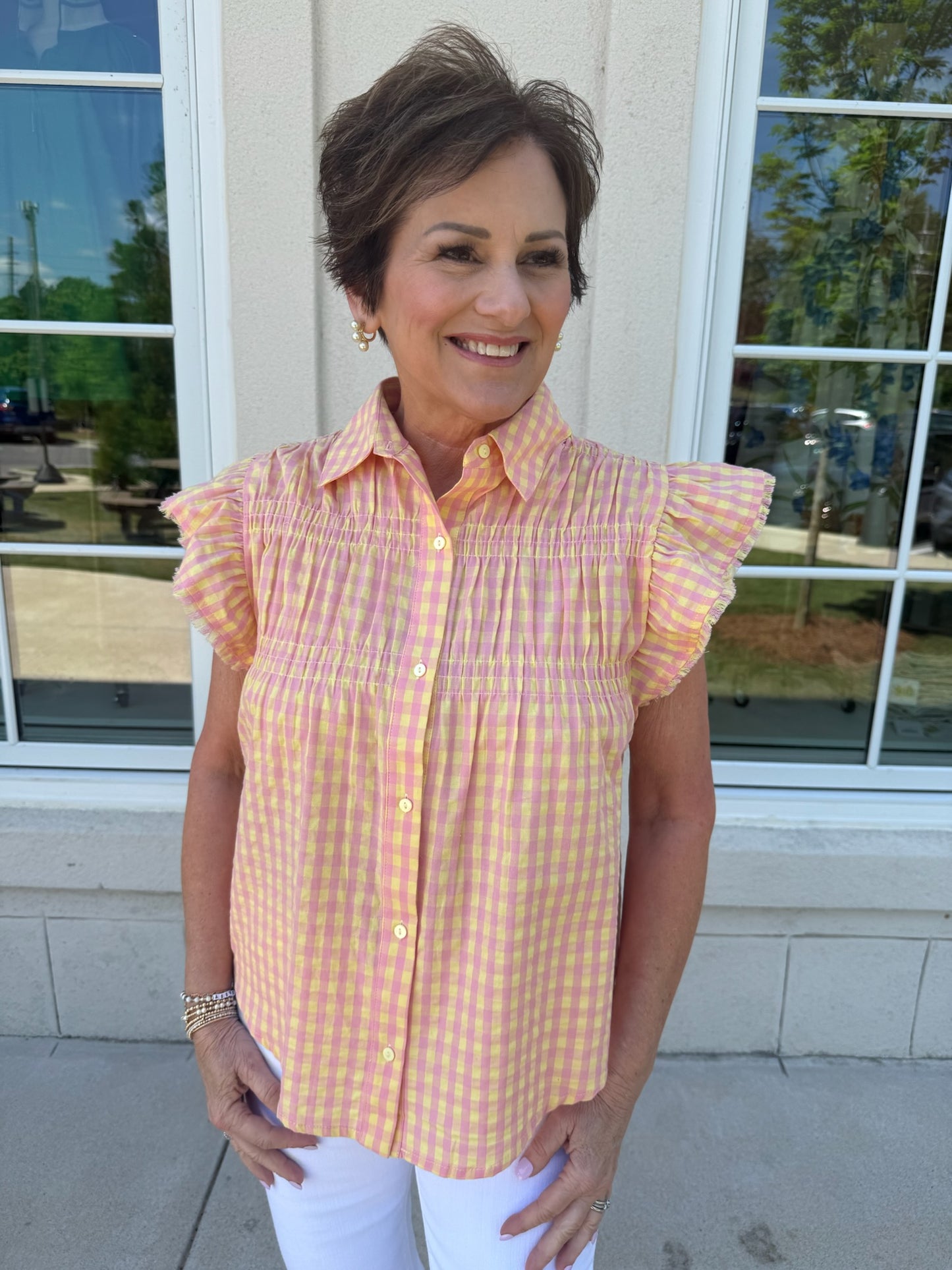 Pink and Yellow Gingham Flutter Sleeve Top