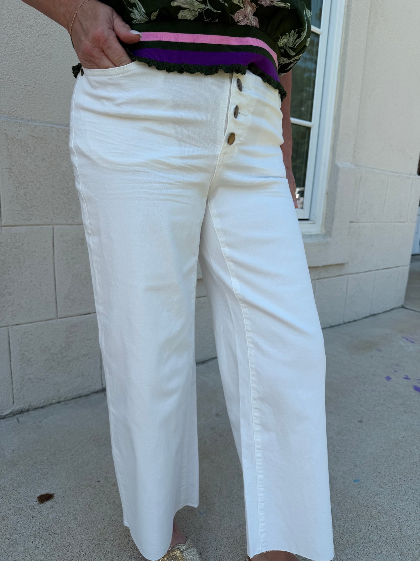 White Button Front Stretch  Pants