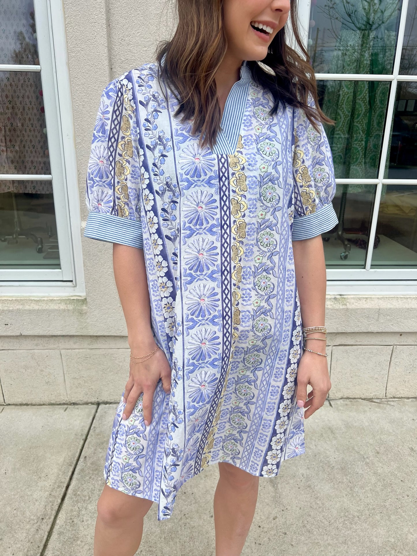 Blue Striped Band Detailed Dress