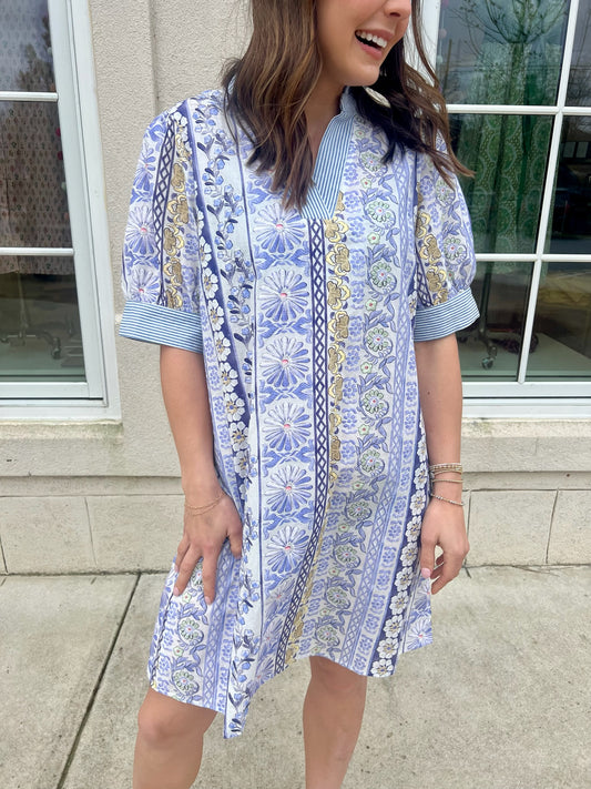 Blue Striped Band Detailed Dress