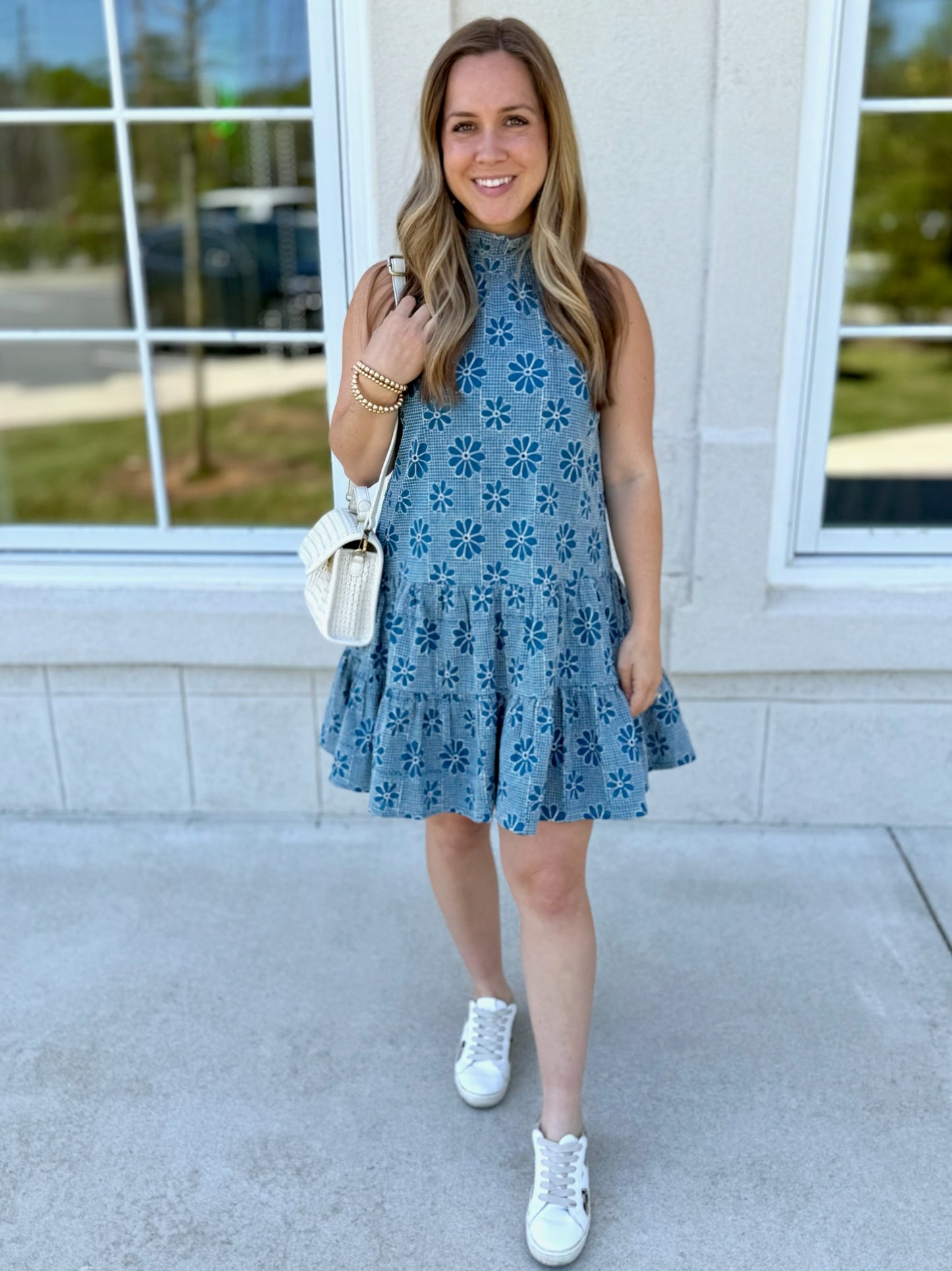 Teal Floral Embroidered Mini Dress