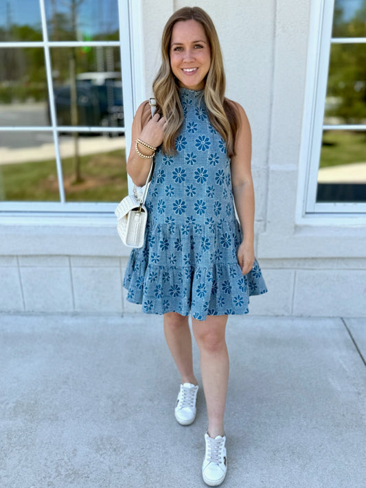 Teal Floral Embroidered Mini Dress
