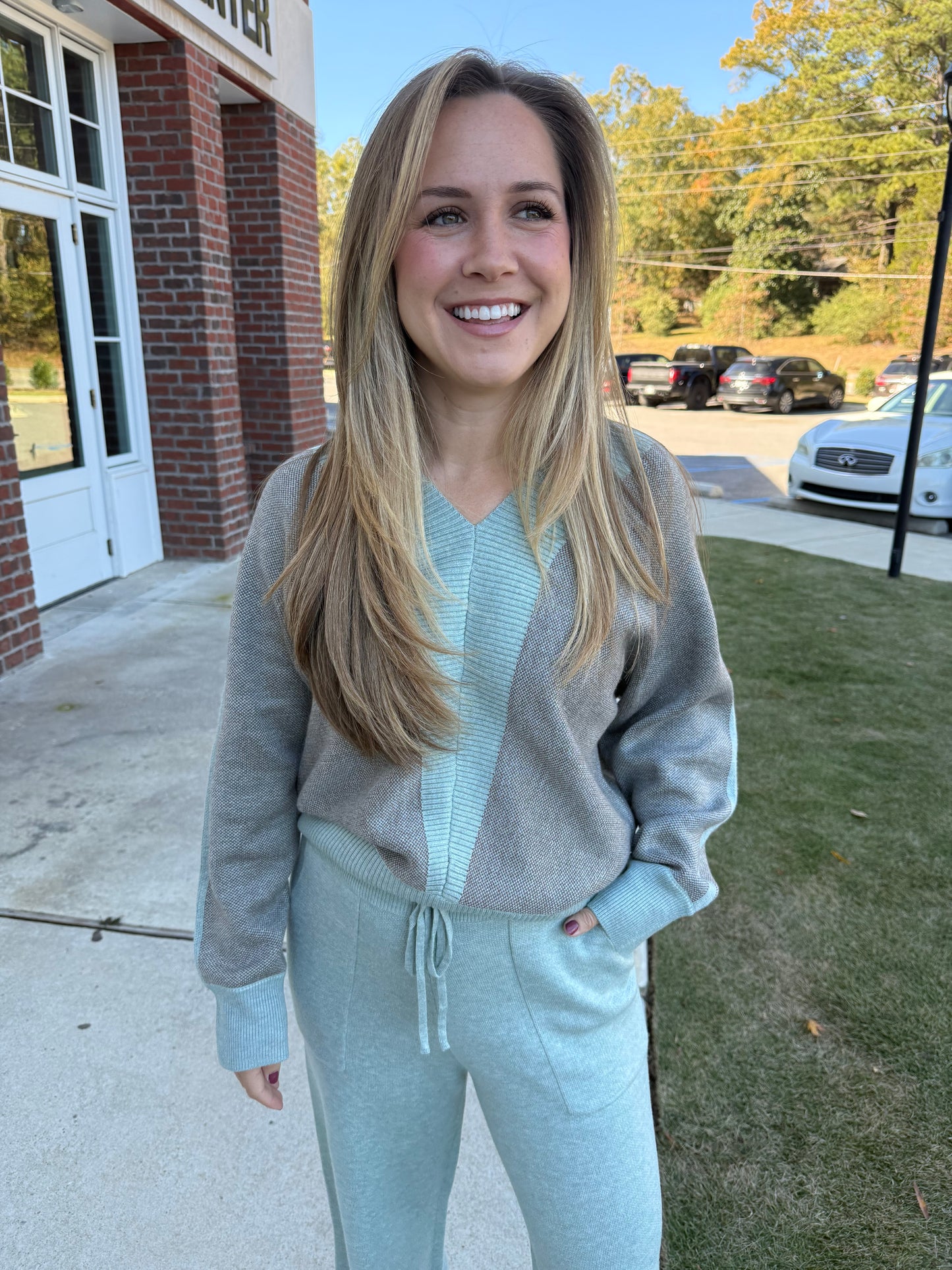 Light Grey and Mint V Neck Set