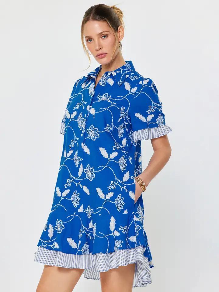 Blue Botanical Floral Embroidery Dress