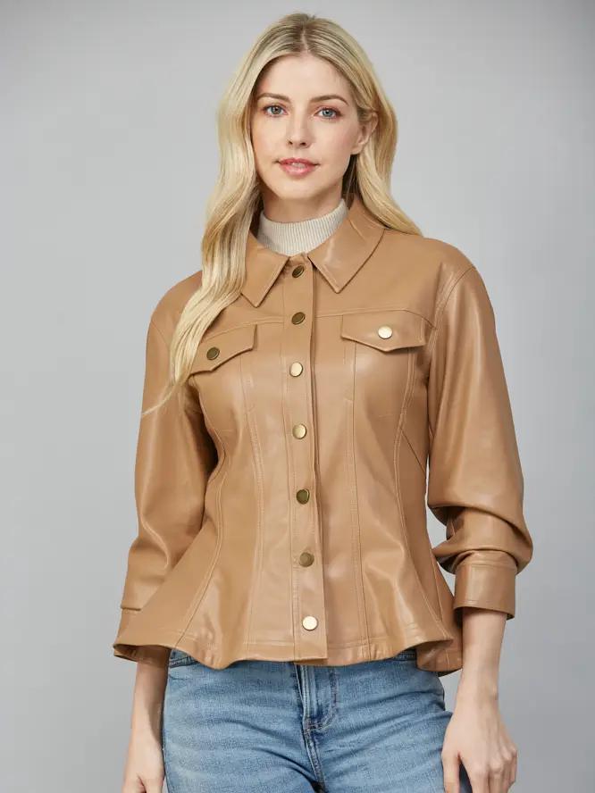 Camel Cinched Faux Leather Jacket