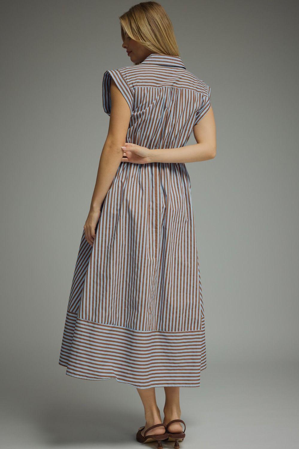 Blue and Brown Striped Midi Dress