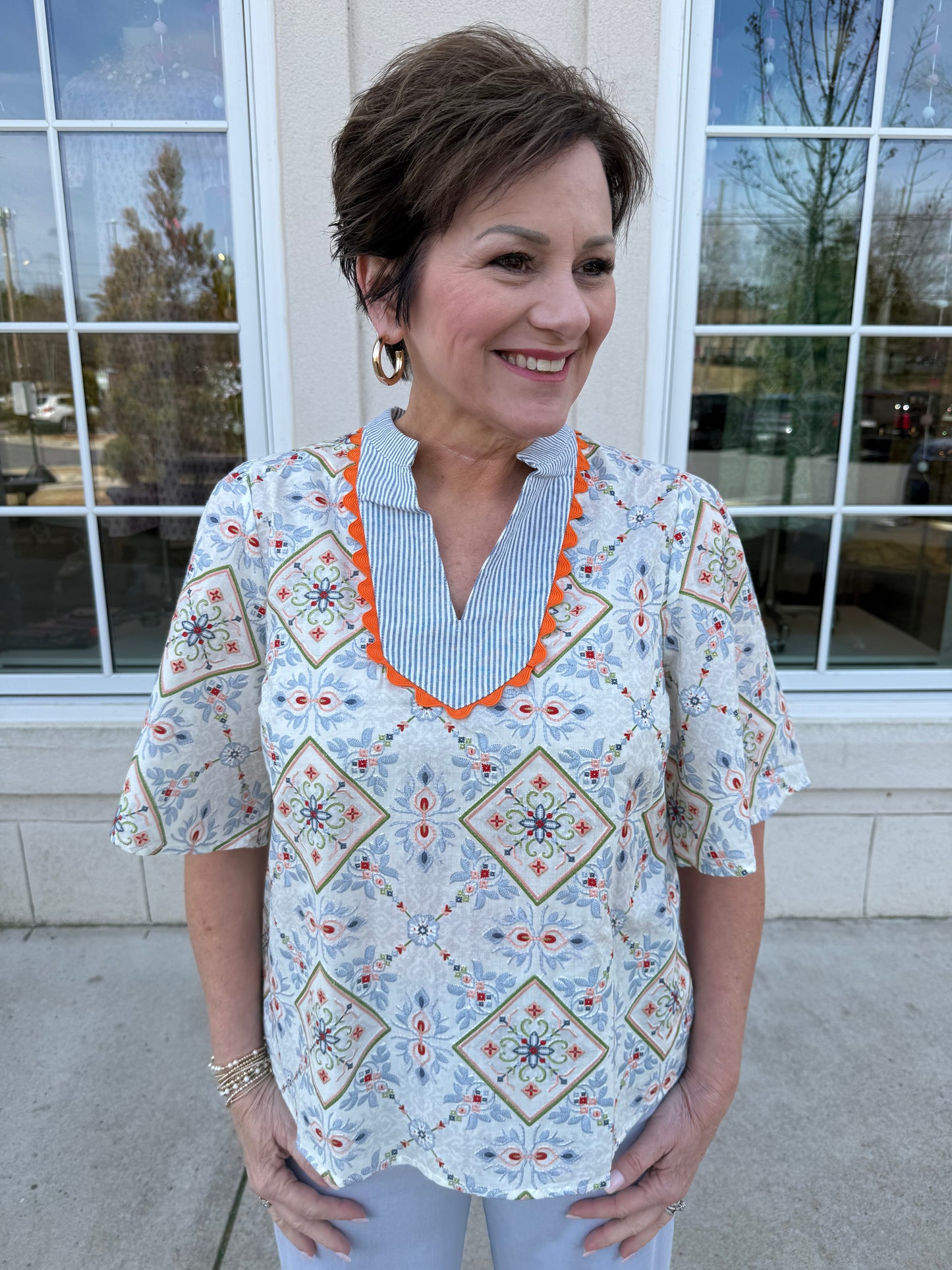 Slate Blue Wave Trimmed Top