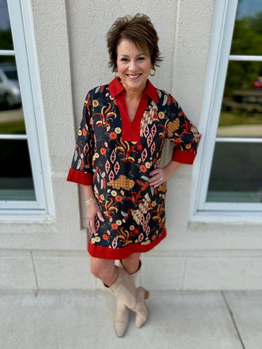 Black Boho Floral Shift Dress