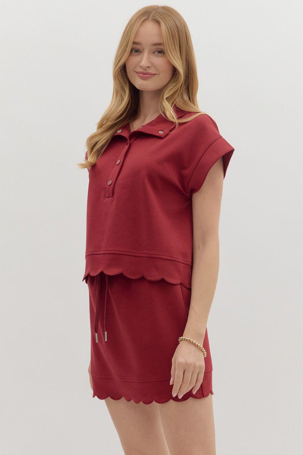 Burgundy Scallop Embroidered Skort Set