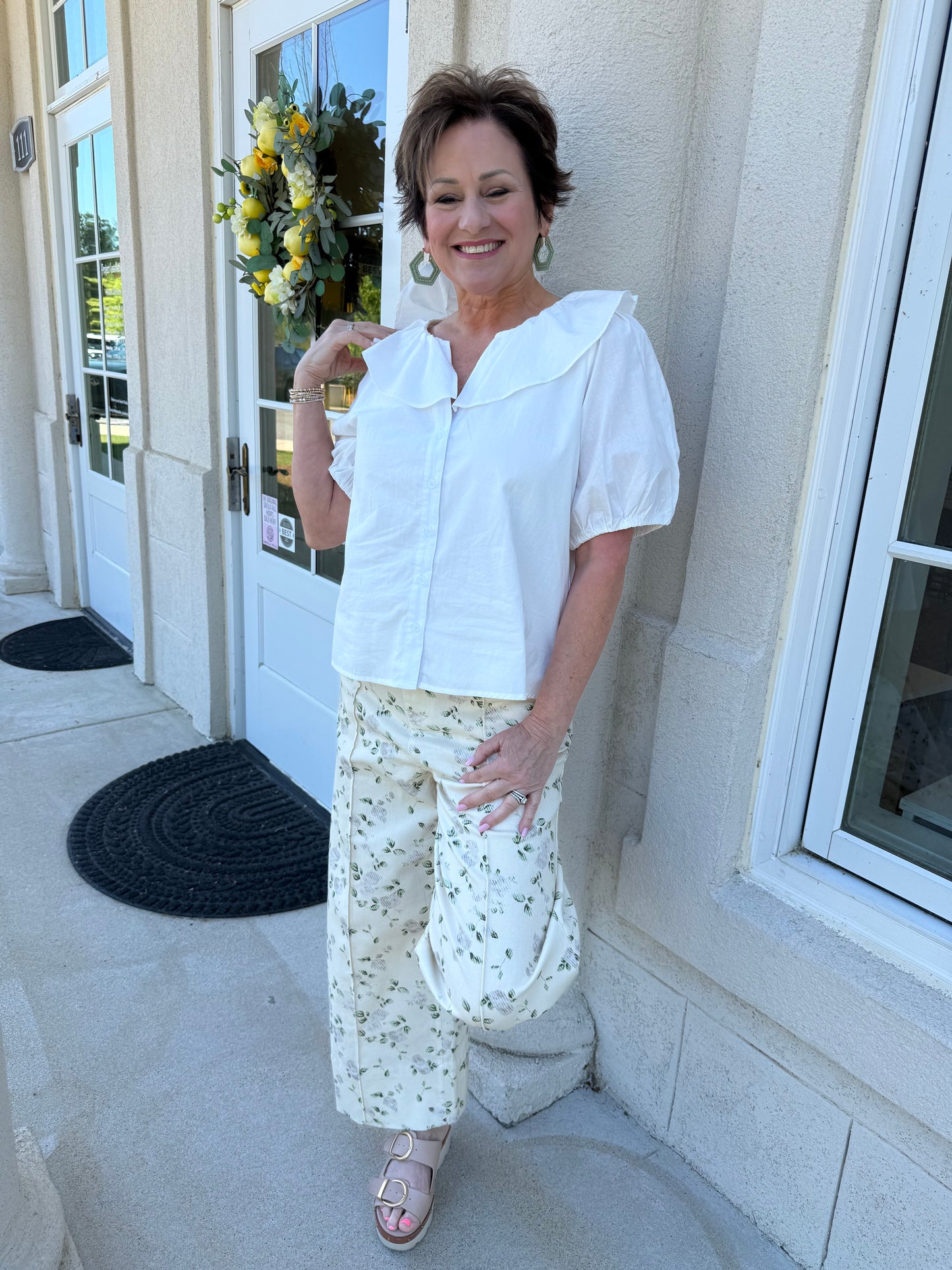 Cream Floral Wide Leg Pant