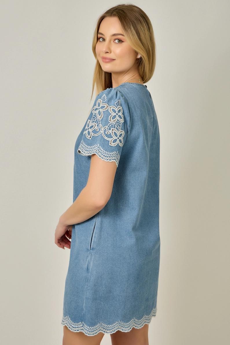 Medium Blue Denim Embroidered Shift Dress