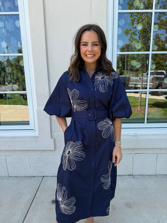 Navy with Ecru Embroidered Midi Shirt Dress