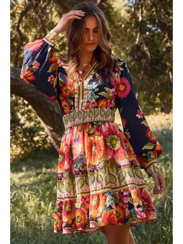 Navy Floral Bordered Mini Dress