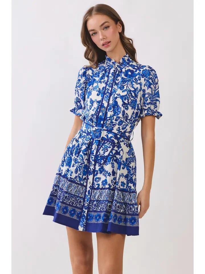 Royal Blue and White Floral Print Dress