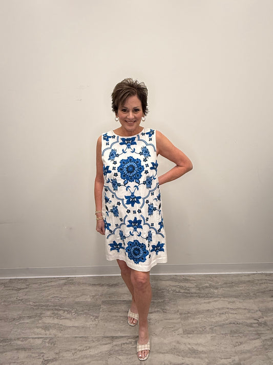 White and Blues Linen Embroidered Dress