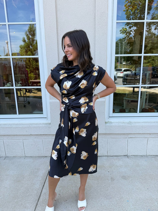 Black Floral Asymmetrical Midi Dress