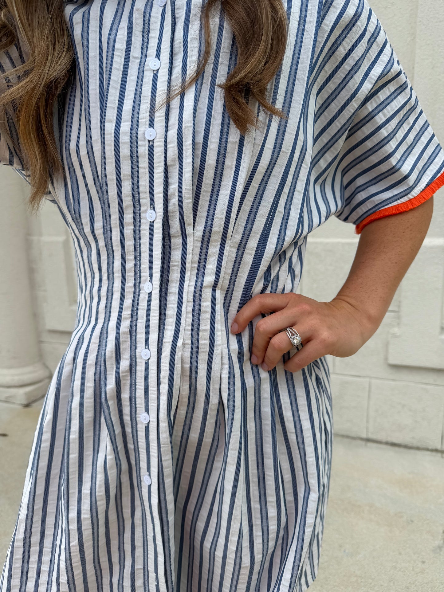 Blue Pleated Waist Mini Flare Shirt Dress