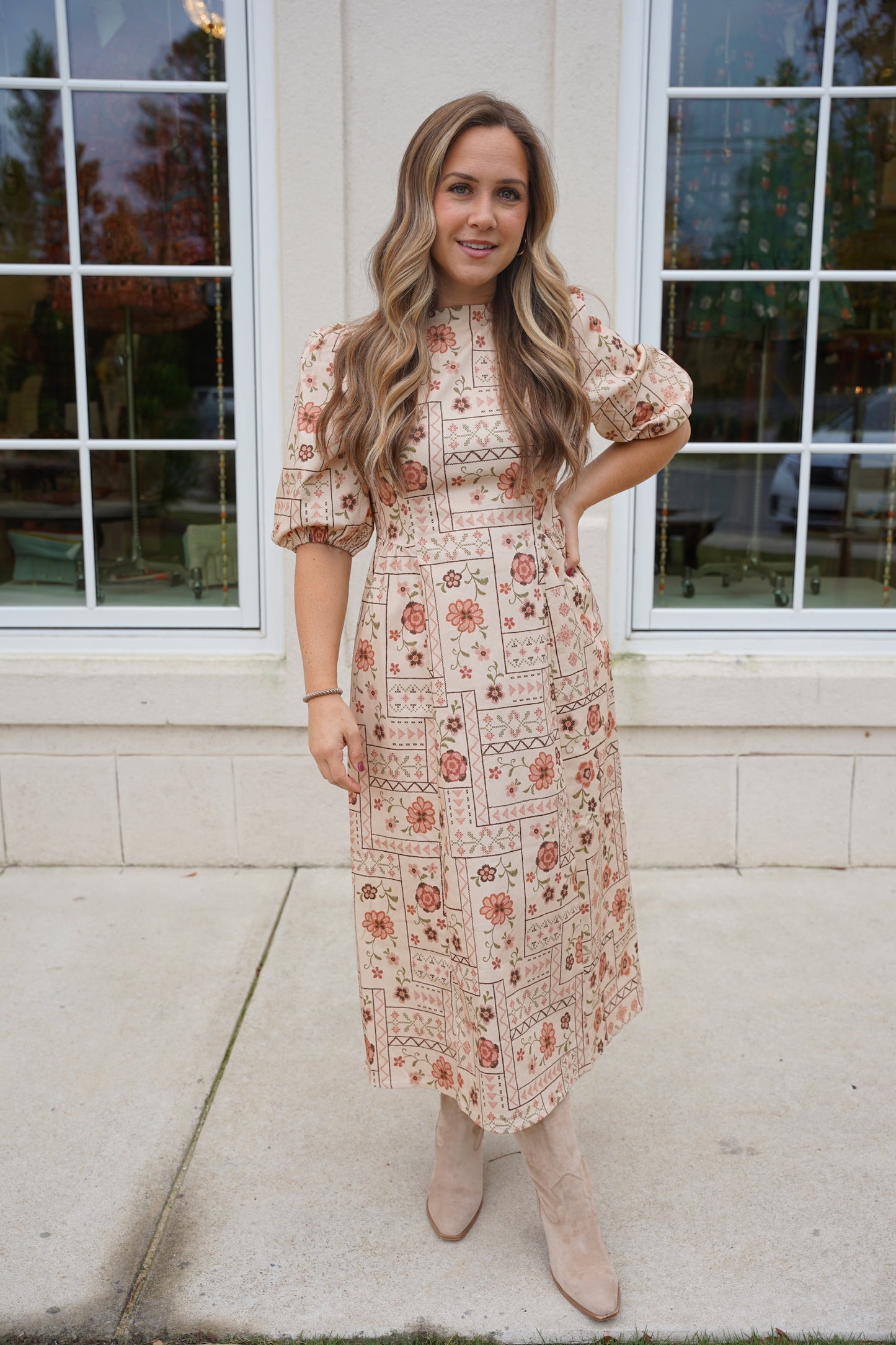 Natural Cross Stitch Print Denim Maxi
