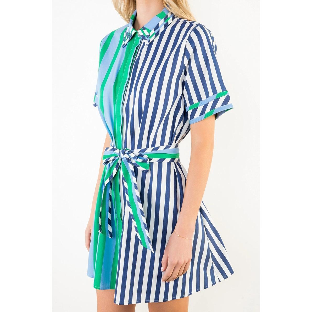 Green and Blue Stripe Button Front Dress