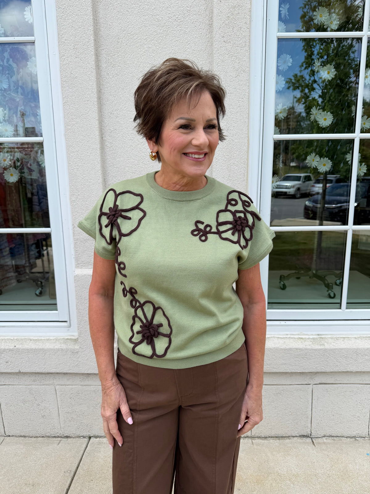 Olive and Chocolate Embroidered Knit Top