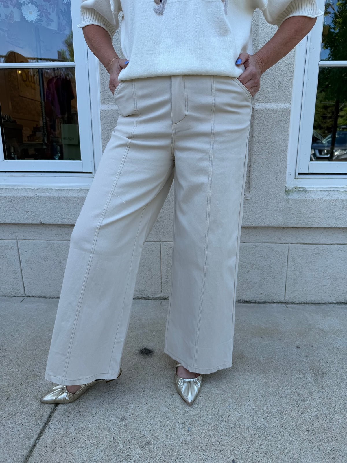Ecru Ankle Stitch Detailed Pants