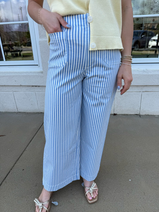 Blue Striped Pants with Front Pockets