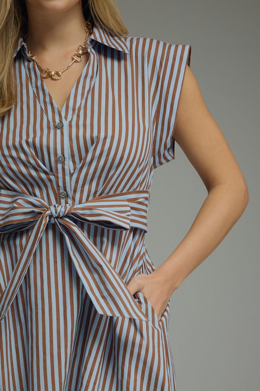 Blue and Brown Striped Midi Dress
