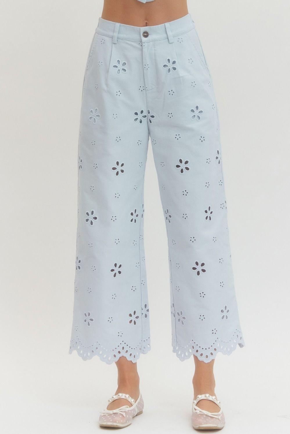 Light Blue Eyelet Embroidered Pants