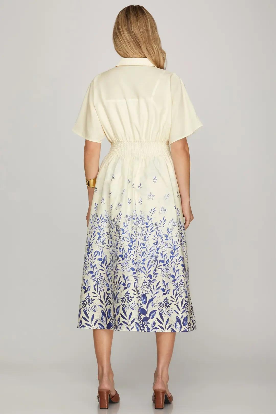 Blue and Cream Floral Bordered Midi