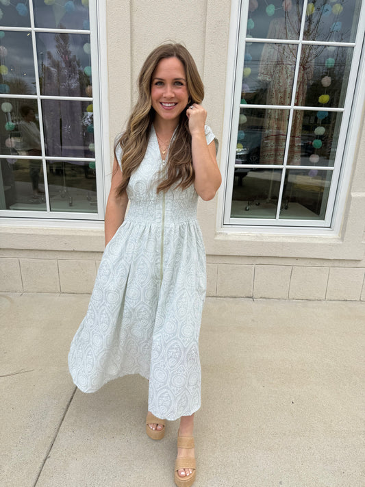 Sage Smocked Front Zip Midi Dress