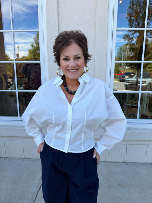 White Cropped Shirt with Back Smocking