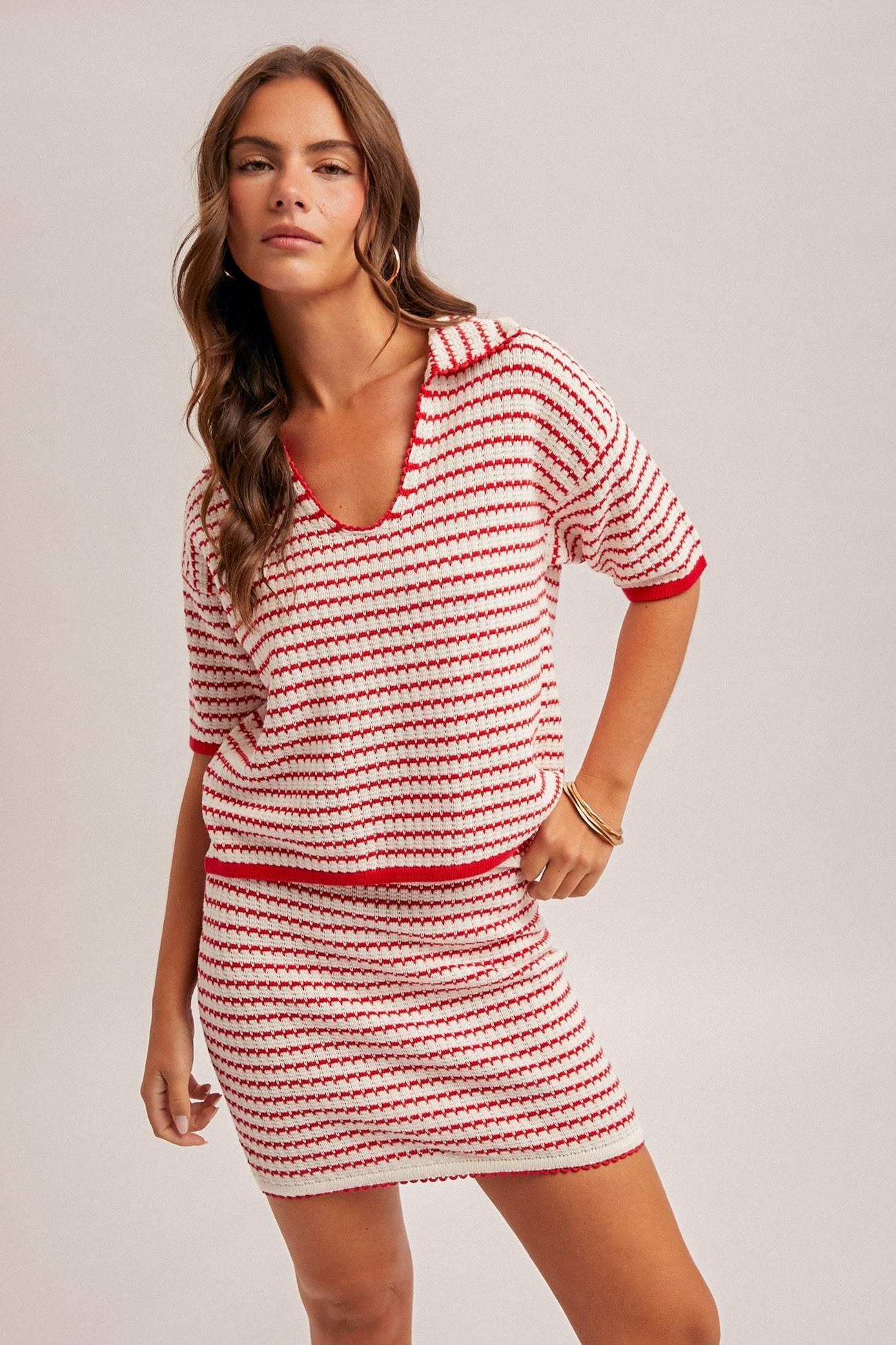 Red V-Neck Polo Knit Top