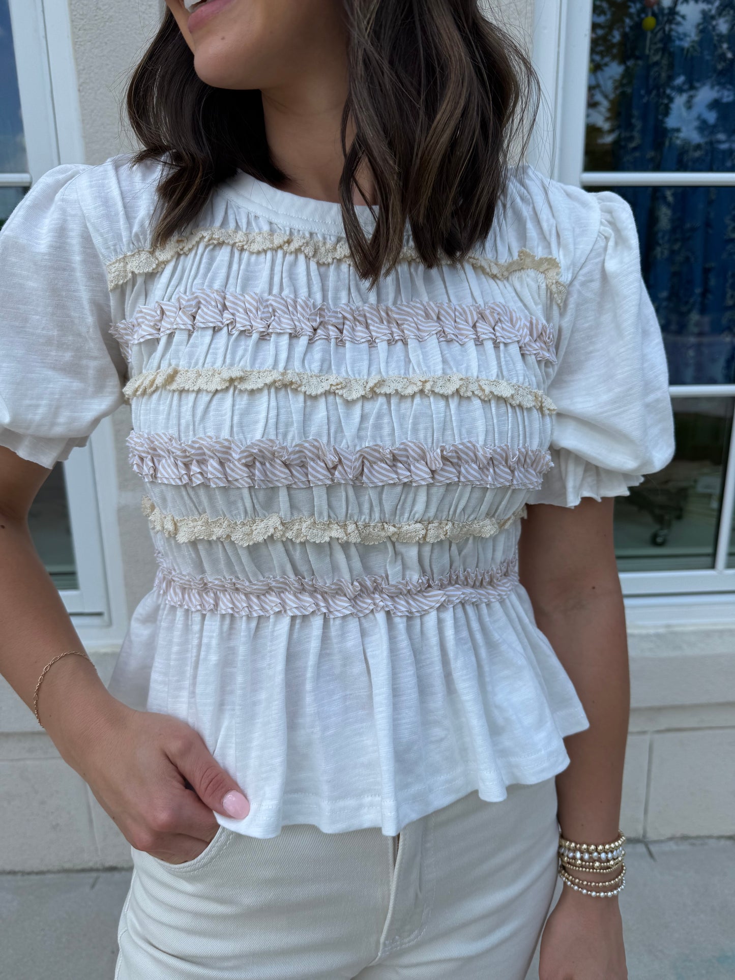 Off White Cotton Slub Peplum Top