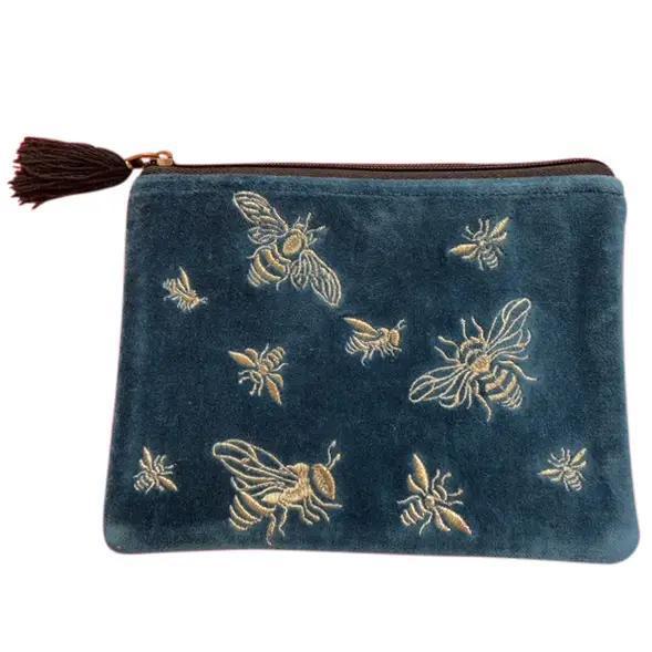 Rich Blue Velvet with Bees Pouch